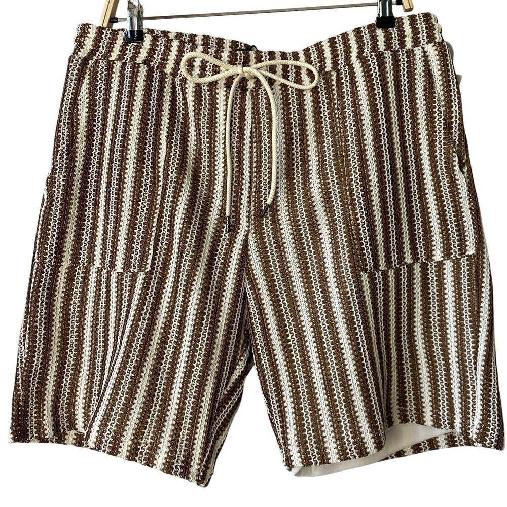 Reason Striped Crochet Knit Shorts Mens XL Brown White Drawstring Festival Beach